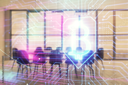 Blockchain theme hologram on conference room background. Double exposure. Concept of cryptocurrency