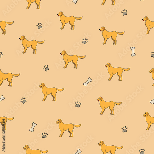 Seamless pattern with cartoon labrador retriever dog, bones and paws