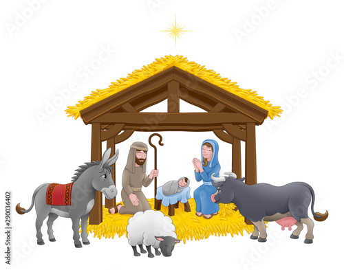 Canvas Print A Christmas nativity scene cartoon, with baby Jesus, Mary and Joseph in the manger with donkey and other animals and star above