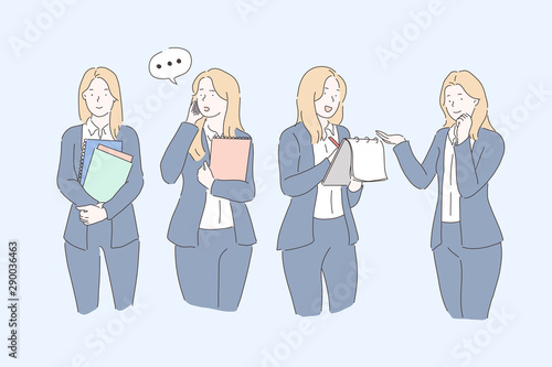 Business, planning, communication, presentation set. Young businesswoman or lady is busy with work management , customer service. Teacher or student preparing for the test. Vector flat design.