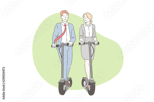 Teamwork, business, modern, scooters concept. Young smiling active man and woman businessmen move on gyroboards on the street or office. Lifestyle, meeting companions. Vector flat design.
