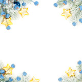 Christmas composition corner top view. Colorful winter background with green Xmas tree twig, blue decoration and gold stars isolated on white background