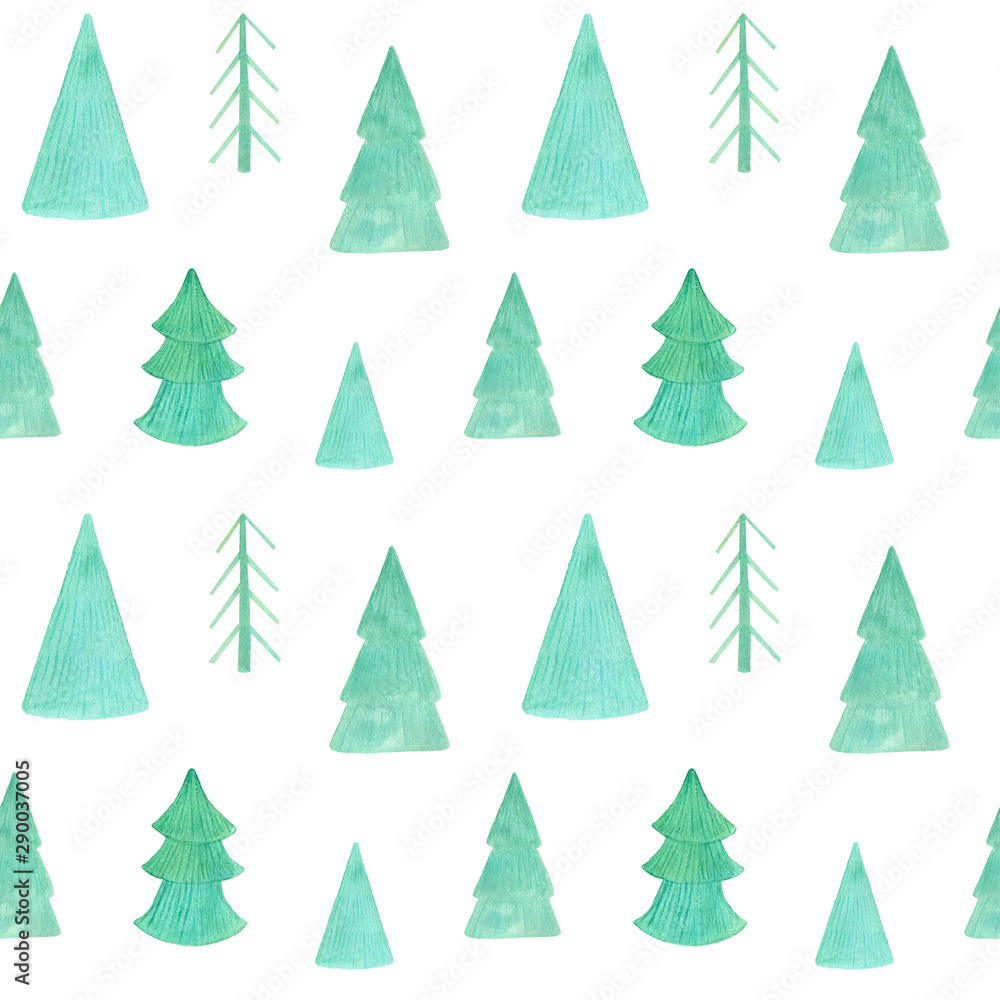 Watercolor hand drawn pastel colors seamless pattern. Winter forest theme with trees, baby fox, deer on white background.
