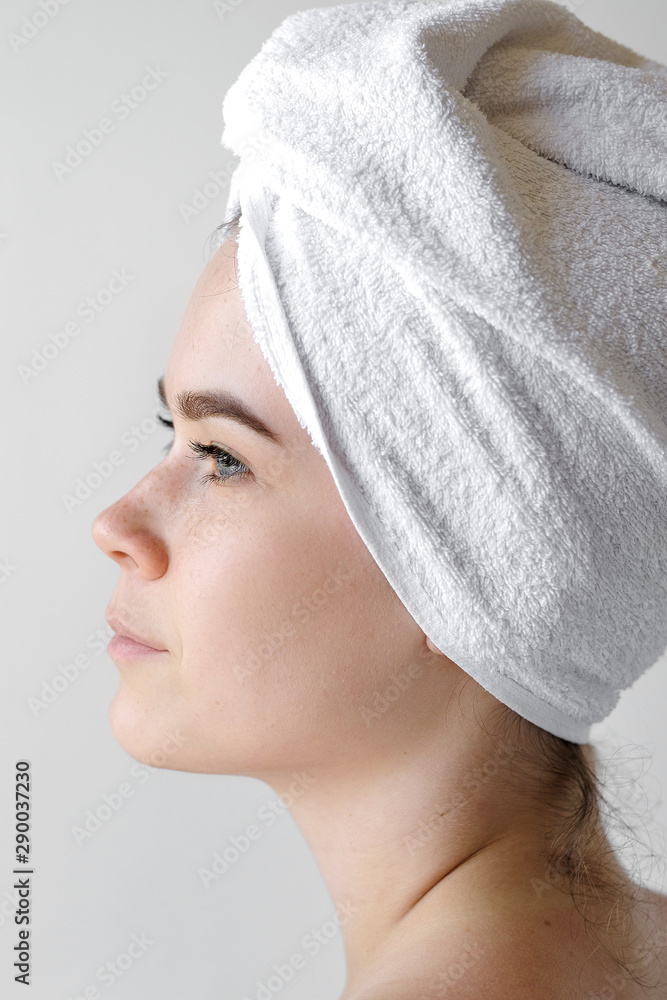Fresh Young Woman Wrapped with Towels After Bath. Spa, skincare, beauty, cosmetics, wellness concept Fresh Young Woman Wrapped with Towels After Bath. Spa, skincare, beauty, cosmetics, wellness concept