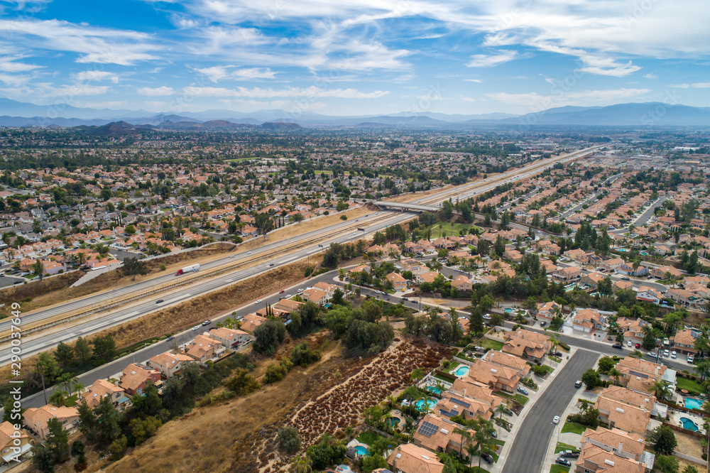 Aerial view of houses and mountains in California
