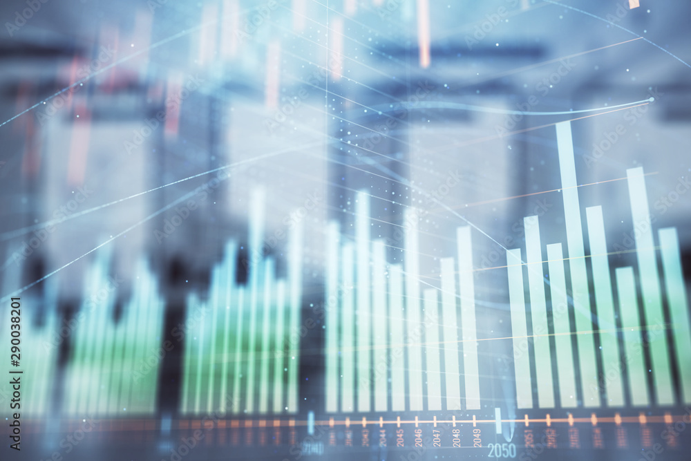 Stock market chart with trading desk bank office interior on background. Double exposure. Concept of financial analysis Stock market chart with trading desk bank office interior on background. Double exposure. Concept of financial analysis
