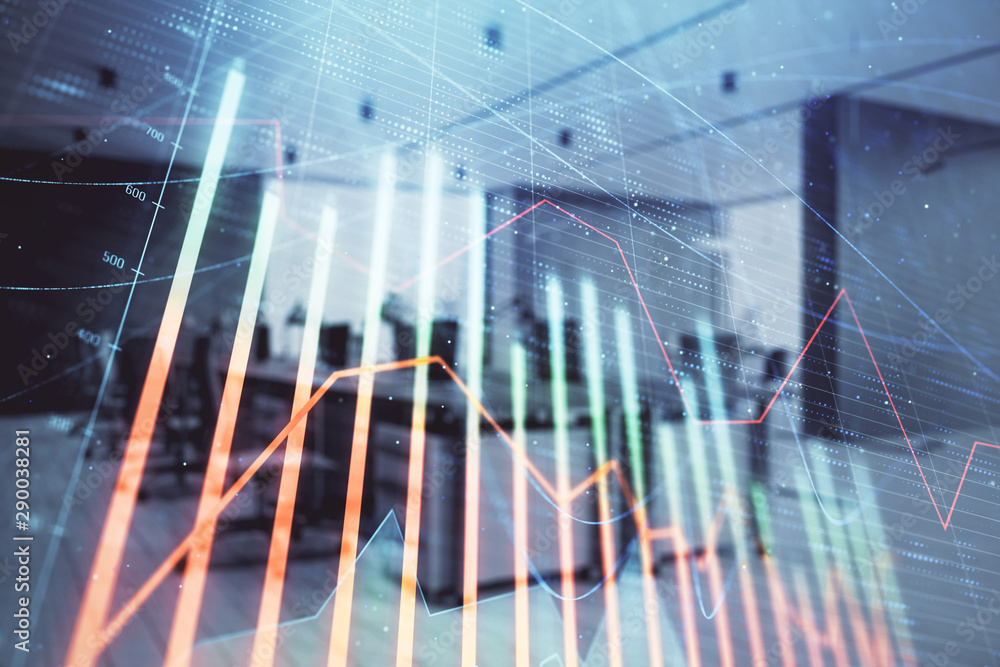 Stock market chart with trading desk bank office interior on background. Double exposure. Concept of financial analysis Stock market chart with trading desk bank office interior on background. Double exposure. Concept of financial analysis