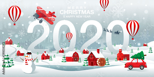 Merry Christmas and Happy new Year 2020, home town in the Forrest, Winter Background, Snow, Landscape.