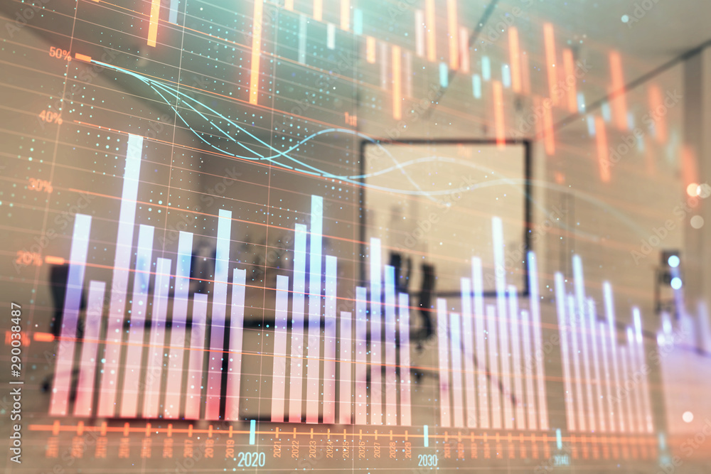 Stock market chart with trading desk bank office interior on background. Double exposure. Concept of financial analysis Stock market chart with trading desk bank office interior on background. Double exposure. Concept of financial analysis