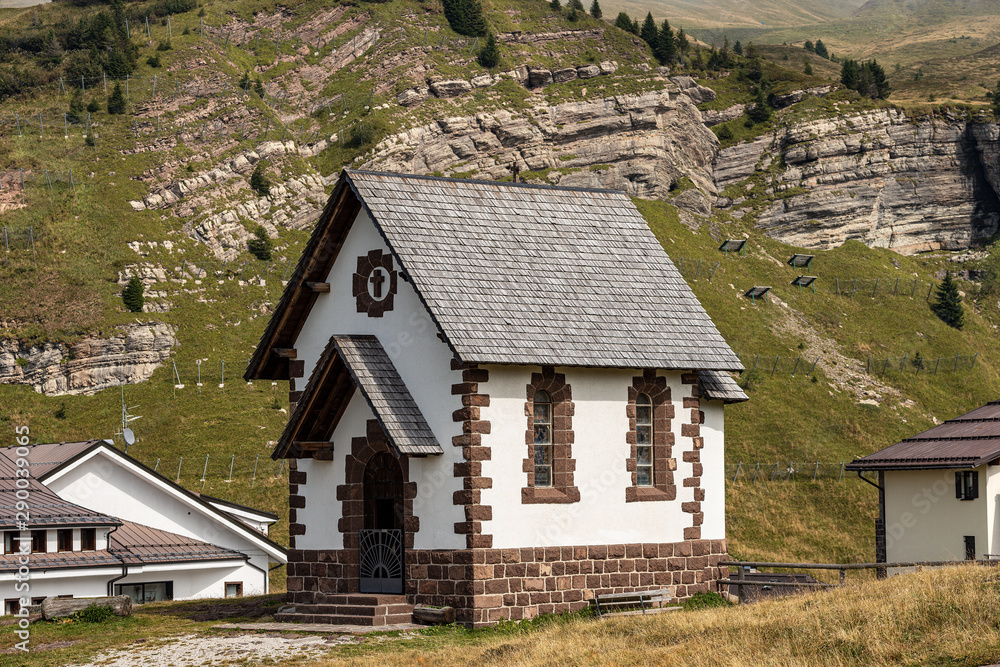 Small church with wooden roof in mountain, Passo Rolle, Fiera di Primiero, Dolomites, Italian Alps, Trentino Alto Adige, Italy, Europe