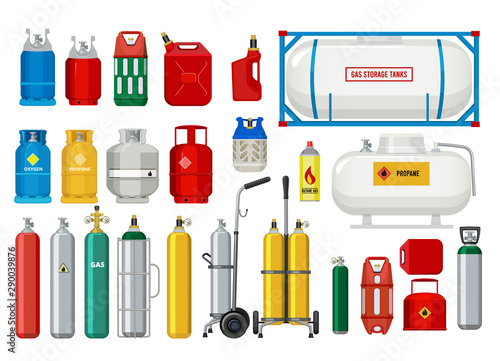 Propane tanks. Gas safety ballons dangerous oxygen or propane vector illustrations. Oxygen and propane, gas cylinder with valve