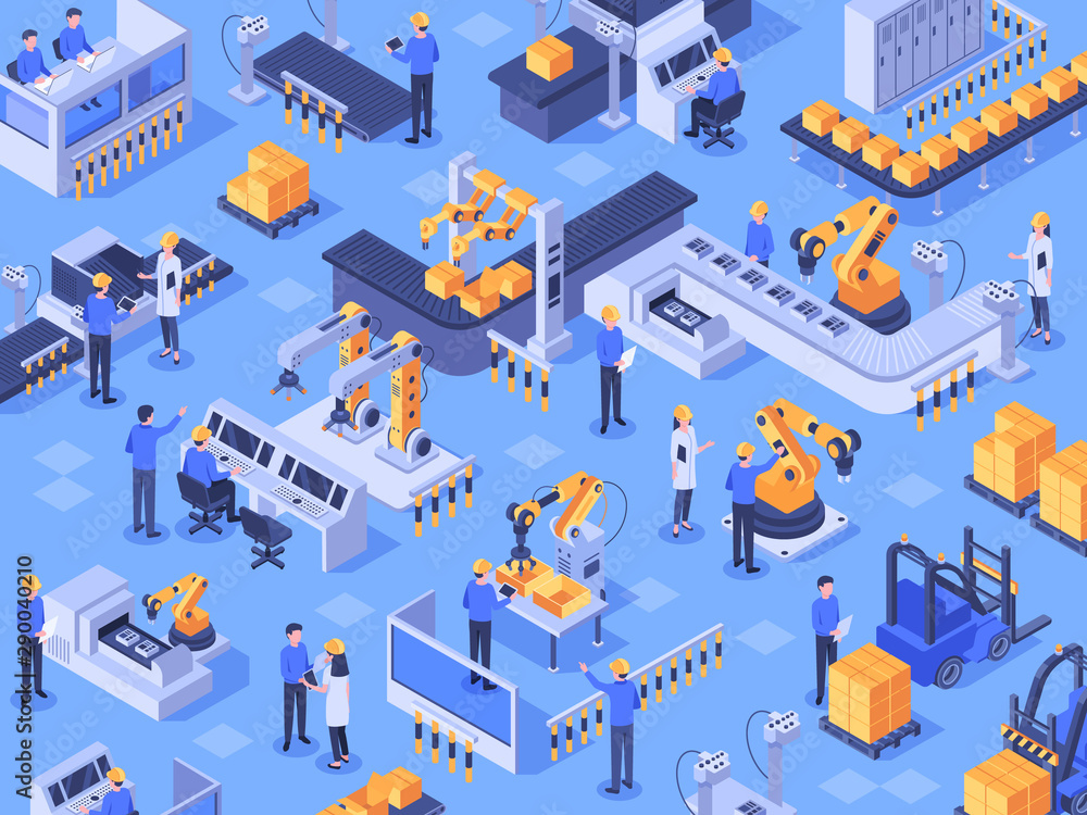 Isometric smart industrial factory. Automated production line, automation industry and factories engineer workers. Industriyal manufacturing teamwork innovation technology vector illustration Isometric smart industrial factory. Automated production line, automation industry and factories engineer workers. Industriyal manufacturing teamwork innovation technology vector illustration