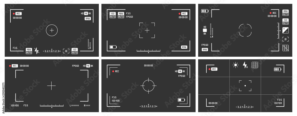 Vecteur Stock Video camera viewfinders. Recording view frame, cinema rec  viewing screen and dslr cam viewfinder. Video filming screen, shooting camera  recording display isolated vector set | Adobe Stock