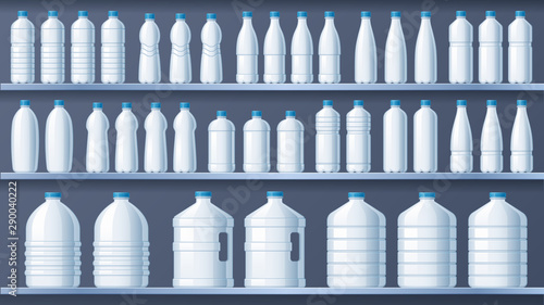 Plastic bottles on shelves. Bottled distilled water shelf, liquid drinks and pure mineral water store. Plastic bottle packaging, water delivery containers vector illustration