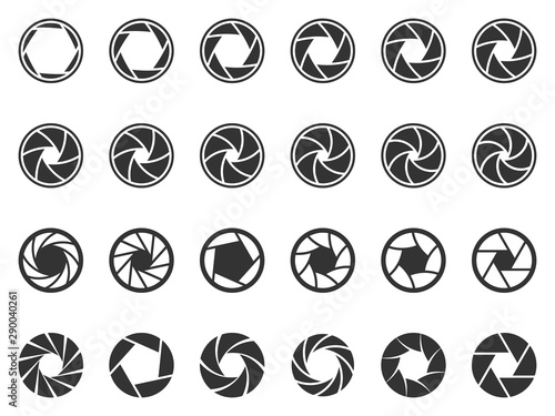 Camera lens diaphragm. Photo lenses aperture, cameras shutter silhouette icon and shutter apertures pictogram. Lomography film lens or snap optics objective lenses. Isolated vector symbols set