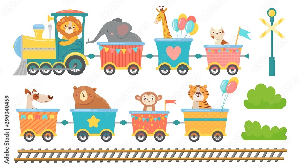 Cute animals on train. Happy animal in railroad car, little pets ride on toy locomotive. Elephant, giraffe and monkey in transportation train cartoon isolated vector illustration set