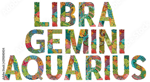 Air Signs Zodiac Libra, Gemini, Aquarius. Vector zentangle object for decoration