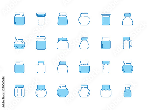 Jar line icons. Bottles for sweets jam marmalade strawberry with labels vector symbols collection. Illustration jar and glass bottle for fruit jam or milk