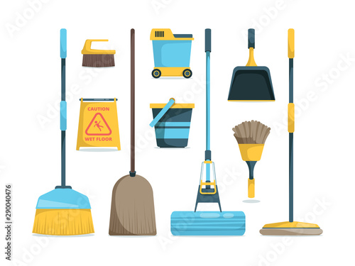 Broom collection. Household equipment mops and brooms for floor home hygiene vector cartoon pictures. Broom and mop, duster for hygiene floor illustration