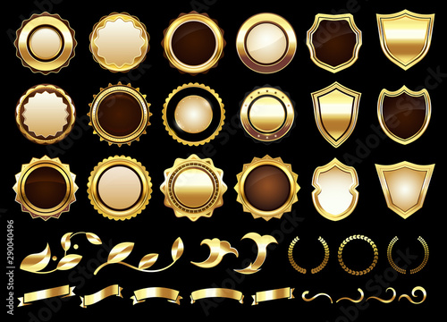 Elegant golden labels. Shields badges, gold ornamental scrolls amd retro label. Royal award insignia, luxury gold ribbon. Isolated vector illustration icons set