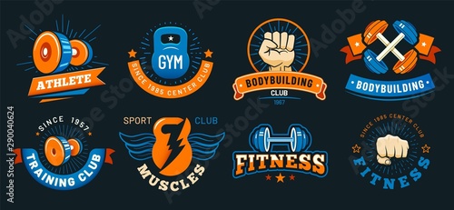 Vintage gym emblem. Athlete muscles, fitness and bodybuilding labels. Sport signs, athlete logo silhouette or fit bodybuilder retro badge. Colorful isolated vector symbols set