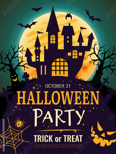 Halloween poster. Scary party invitation flyer template with horror symbols pumpkin bones skull vector halloween background. Night party on cemetery, invitation to scary Halloween illustration