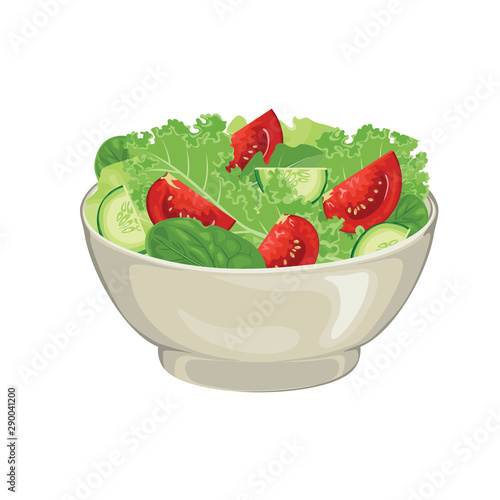 Illustration of vegetable salad in bowl Isolated on white background. Fresh green salad leaves, tomato and cucumber slices In cartoon simple flat style. Concept of healthy organic food.