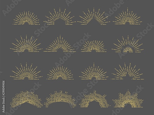 Vector sunburst emblem. Line radial rays illustration. Vintage gold burst set for logo, cards, invitation. Radial burst, sunburst shape, starburst star