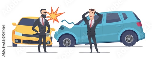 Car accident. Damaged autos angry scared men. Businessmen vector character and crashed cars. Automobile damage and crash on road accident illustration