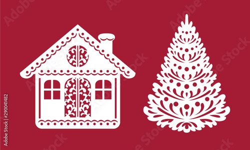 Christmas tree and hut. Template for laser cutting, plotter cutting, wood carving or printing. Vector festive illustration.