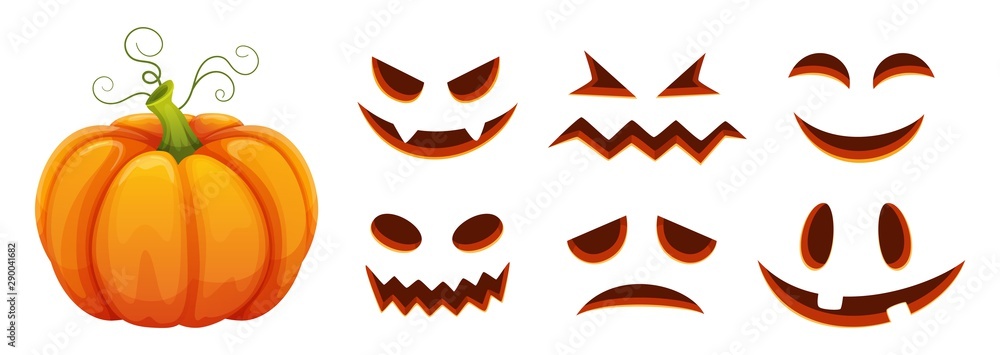 Halloween pumpkin faces generator. Vector cartoon pumpkin with scared and  smiley faces. Illustration halloween scared face, pumpkin smiley Stock  Vector | Adobe Stock