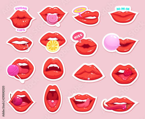 Sexy stickers. Retro patch girl lips kiss candy cherry vector badges collection. Lip mouth sexy, tongue and kiss collection illustration