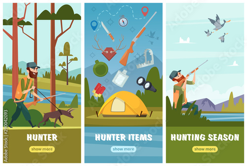Hunting banners. Man sniper with rifle binoculars and ammunition goes to autumn duck hunting birds vector backgrounds. Illustration hunting sniper to duck bird