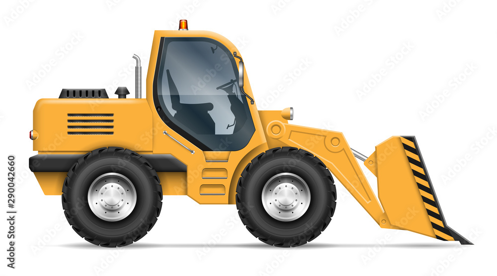 Wheel loader view from side isolated on white background. Construction and mining vehicle vector template, all elements in the groups on separate layers for easy editing and recolor