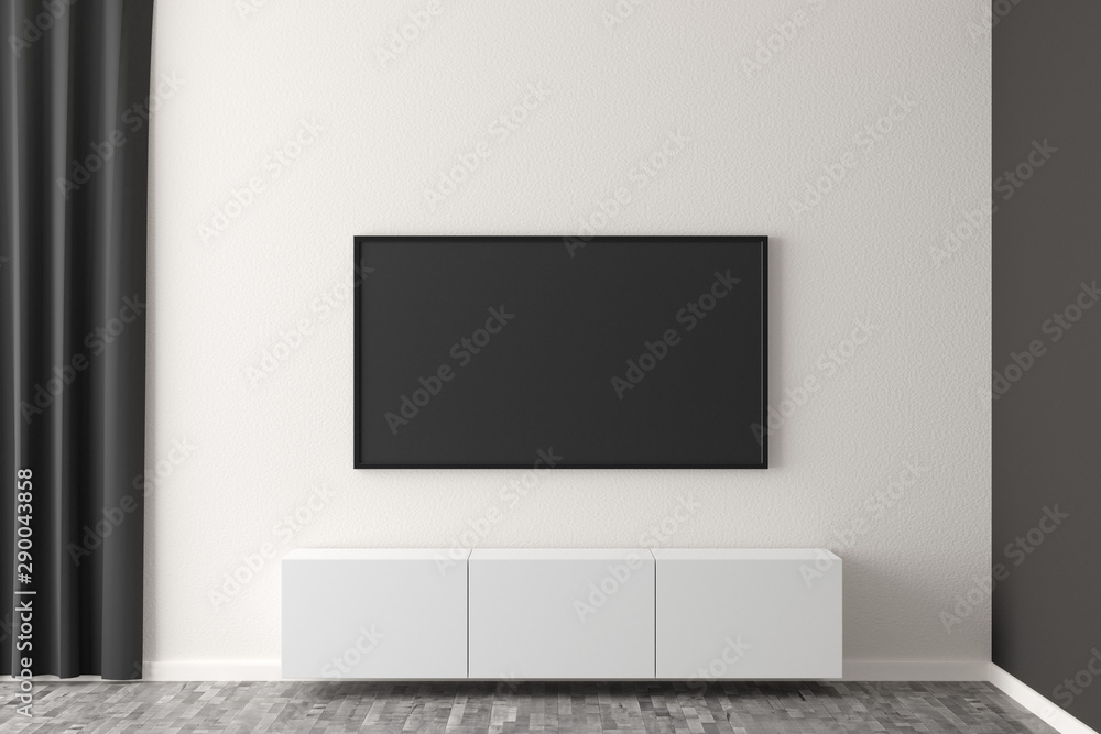 Flat smart tv panel on white wall with white sideboard and brown wooden floor - entertainment, media or home television set mock up template with copy space - 3D illustration Flat smart tv panel on white wall with white sideboard and brown wooden floor - entertainment, media or home television set mock up template with copy space - 3D illustration