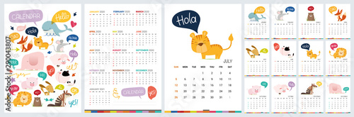 Funny calendar 2020 with wild cartoon animals. Vector hand drawn illustration
