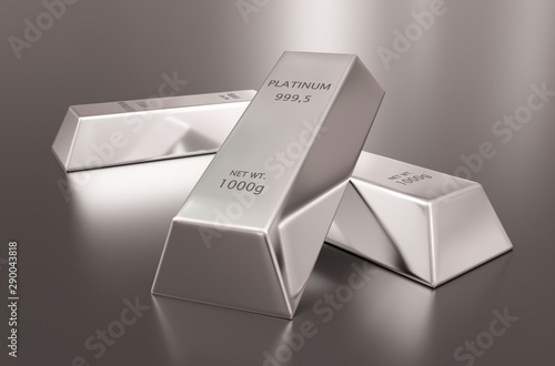 Three platinum ingots or bars stacked over reflective silver colored background - precious metal or money investment concept, 3D illustration