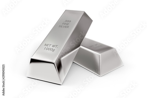 Tableau sur toile Two silver ingots or bars over white background - precious metal or money invest