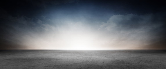 Dark Street Floor Background with Dramatic Sky for Car or Product Placement and Presentation