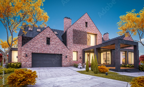 3d rendering of modern cozy clinker house on the ponds with garage and pool for sale or rent with beautiful landscaping on background. Soft autumn evening with golden leafs anywhere.