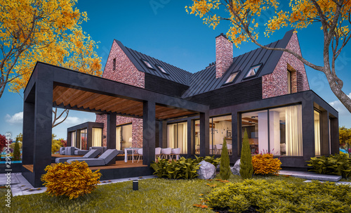3d rendering of modern cozy clinker house on the ponds with garage and pool for sale or rent with beautiful landscaping on background. Soft autumn evening with golden leafs anywhere.