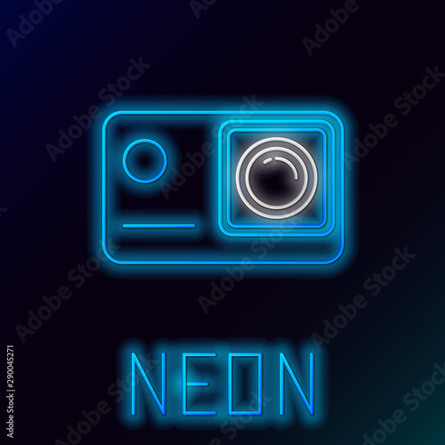 Blue glowing neon line Action extreme camera icon isolated on black background. Video camera equipment for filming extreme sports. Colorful outline concept. Vector Illustration