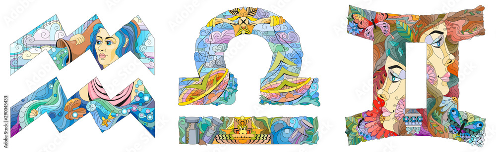Air Signs Zodiac Libra, Gemini, Aquarius. Vector zentangle object for decoration Air Signs Zodiac Libra, Gemini, Aquarius. Vector zentangle object for decoration