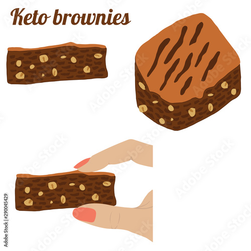 female fingers holding keto brownies with nuts for losing weight diet vector illustration