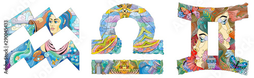 Air Signs Zodiac Libra, Gemini, Aquarius. Vector zentangle object for decoration