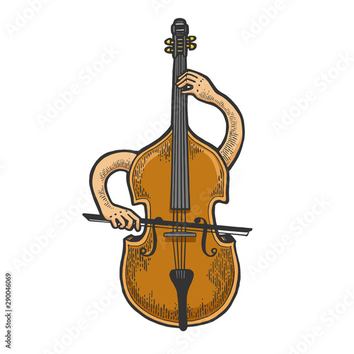Double bass violin alto cello string instrument plays on itself sketch engraving vector illustration. Tee shirt apparel print design. Scratch board style imitation. Black and white hand drawn image.