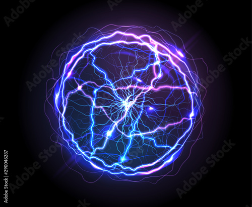 Electric ball or plasma sphere, realistic vector illustration. Abstractt ball lightning with burning rays or powerful electric discharges isolated on black background. Magical energy design element