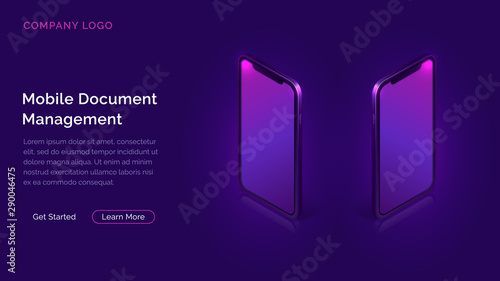 Mobile document manager business concept vector isometric illustration. Two 3D mobile phones turned away from each other by screens isolated on ultraviolet background