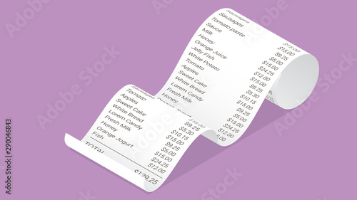 Isometric shop receipt, realistic isolated vector illustration. Curled paper payment bill with barcode, goods and their price for credit card or cash transaction