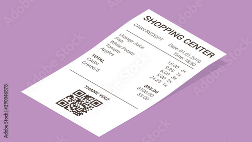 Isometric shop receipt, realistic isolated vector illustration. Straight and curled paper payment bill for cash payment transaction with barcode, goods and their price